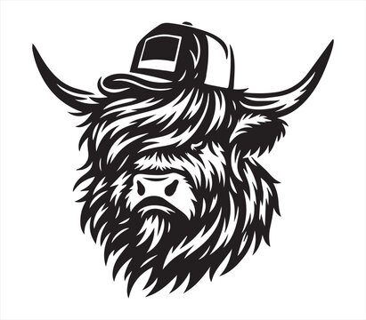 Highland Cow Head with Trucker Hat &ndash; Hand Drawn Farm Animal Vector Illustration in Vintage Style