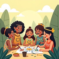 Colorful Indigenous Peoples Day Celebration with Children and Cultural Art – Vector Illustration