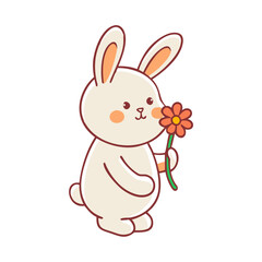 Adorable cartoon rabbit holding a vibrant orange flower, expressing springtime cheer