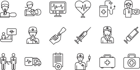 A collection of medical icons in a simple, hand-drawn silhouette style, featuring doctors, nurses, medical equipment, and symbols of health.
