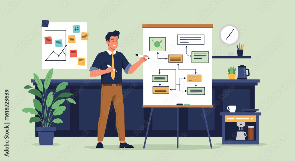 Poster man presenting flowchart on flipchart in office with diagram and plant