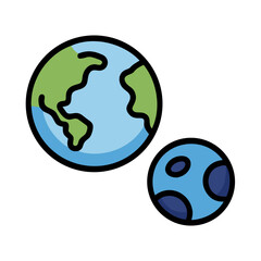 Cartoon Earth and Moon showing planets in space with continents and oceans