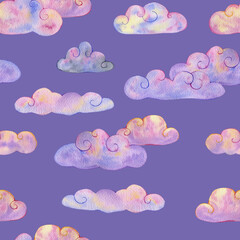 Watercolor hand drawn pink and blue clouds seamless pattern violet background. Multicolour cute clouds pattern for fabric,  wrapping paper, home decor prints, baby shower invitation, birthday cards