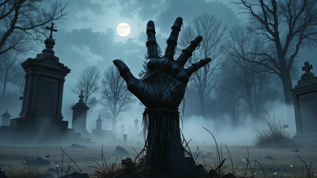 Dark zombie hand rising from the misty ground under full moon in eerie cemetery. Creepy horror atmosphere