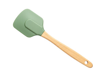 Green silicone spatula with wooden handle isolated on transparent background