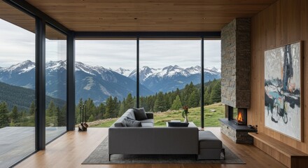 Modern mountain home living room boasts expansive panoramic views of snow-capped peaks and verdant slopes.