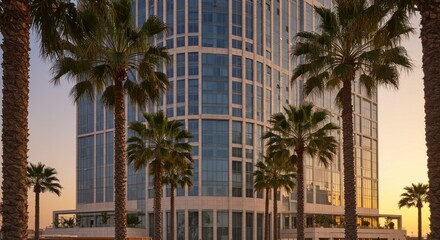 A modern high-rise building surrounded by palm trees at sunset, showcasing architecture.