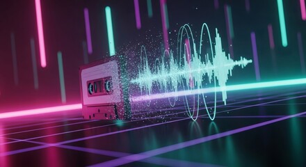 Retro cassette transforms into vibrant sound wave, evoking nostalgia and digital audio innovation