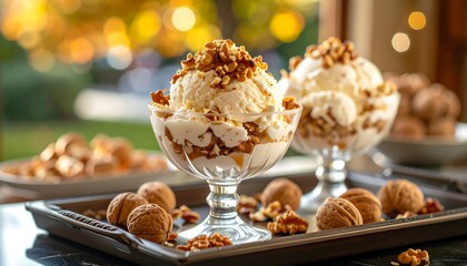 Naklejka premium Ice cream dessert with walnuts