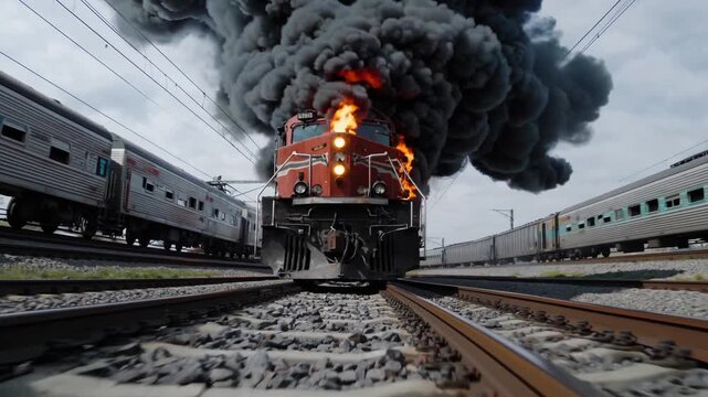 A locomotive in flames is barreling down the tracks, thick smoke billowing around it. A dangerous, runaway train incident unfolds.