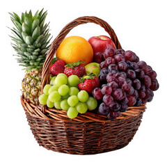 Abundant wicker basket filled with assorted fresh fruits isolated on transparent background