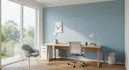 Modern home office with light-blue accent wall, wooden furniture, and large windows overlooking a garden.