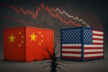 Two shipping containers stand side by side, one painted Chinese flag and the other is the American flag. Global trade disputes, tariff conflicts, and trade war concept