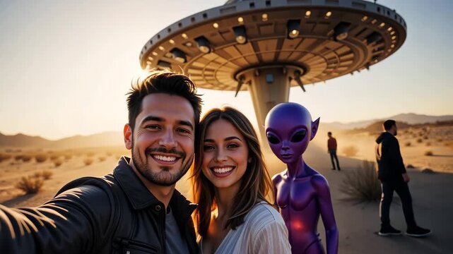 Happy couple taking selfie with smiling alien in front of futuristic flying saucer under clear sky. Playful sci-fi concept