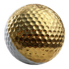 Shiny gold and white golf ball with dimples isolated on transparent background