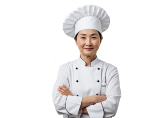 Female chef in uniform with arms crossed isolated on transparent background