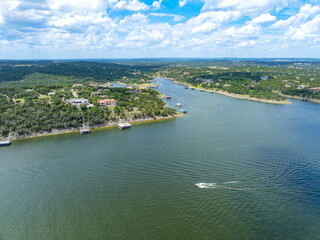 Austin, Texas / USA - July 28 2025: Aerial Drone Photo of Lake Travis Full of Water with Boat...