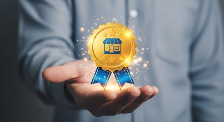Person presenting a gold shop seal with blue ribbons, a symbol of quality, trust, and excellent service