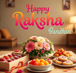 Fototapeta premium Happy Raksha Bandhan Celebration with Sweets and Flowers
