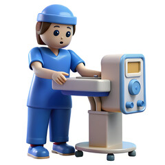 Cartoon nurse adjusting medical equipment healthcare
