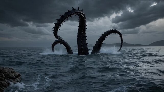 Sea monster surfaces from the ocean, its tentacles rising against a cloudy sky, creating a dark, imposing spectacle.