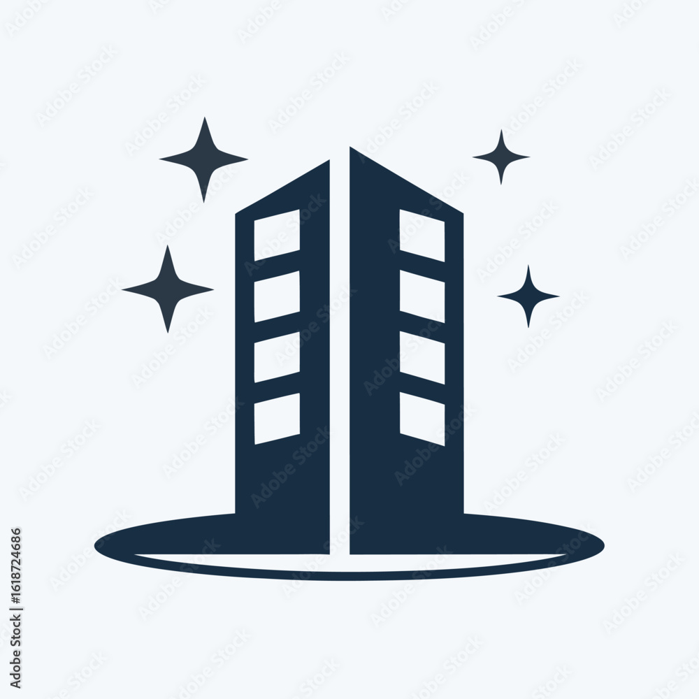 Poster dark blue abstract building icon with sparkling stars on a white background skyscraper architecture