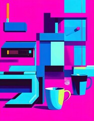Embrace vibrant creativity with this bold abstract geometric design featuring coffee mugs on a hot pink background, perfect for adding a modern pop to your project