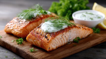 Close-up view of a grilled salmon fillet served with a creamy lemon and chive sauce on a rustic wooden board adorned with fresh herbs