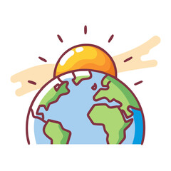 Cartoon stylized depiction of the Earth with a rising sun behind it