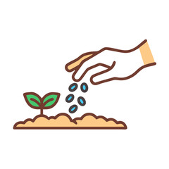 Hand Sowing Seeds Next to a Growing Plant Illustration with Colorful Details