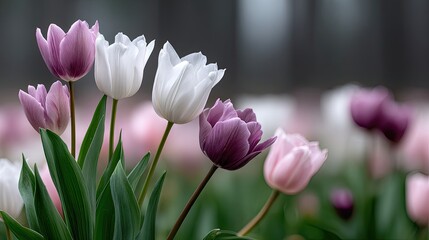 Obraz premium Bright white, pink, and yellow tulips showcase their beauty in a close-up, surrounded by softly blurred flowers, capturing spring's essence