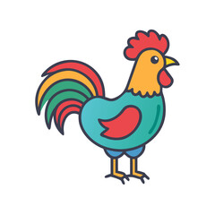 Colorful cartoon rooster standing isolated on white background, fun animal vector