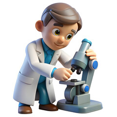 Cartoon researcher examining specimen with microscope