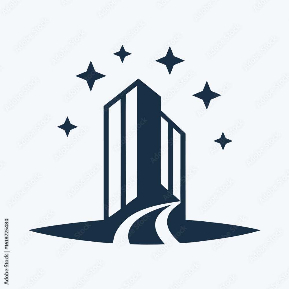 Poster dark blue abstract building with pathway and stars on white background architecture 2