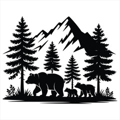 Black Silhouette of Bear Family Walking in Forest with Mountain