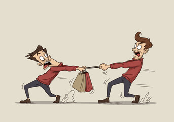 Two cartoon men pulling on shopping bag in a comical struggle for Black Friday  