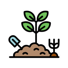 Illustration of a young plant growing in soil with garden tools nearby