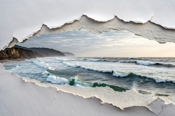 Ocean Waves Crashing Through Torn Paper in Beautiful Scenic View