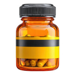 Amber pill bottle with black lid and yellow label isolated on transparent background