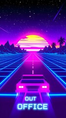 Escape to paradise with this vibrant retro wave scene featuring a neon car driving towards a synthwave sunset and palm trees against a starry sky vacation vibes