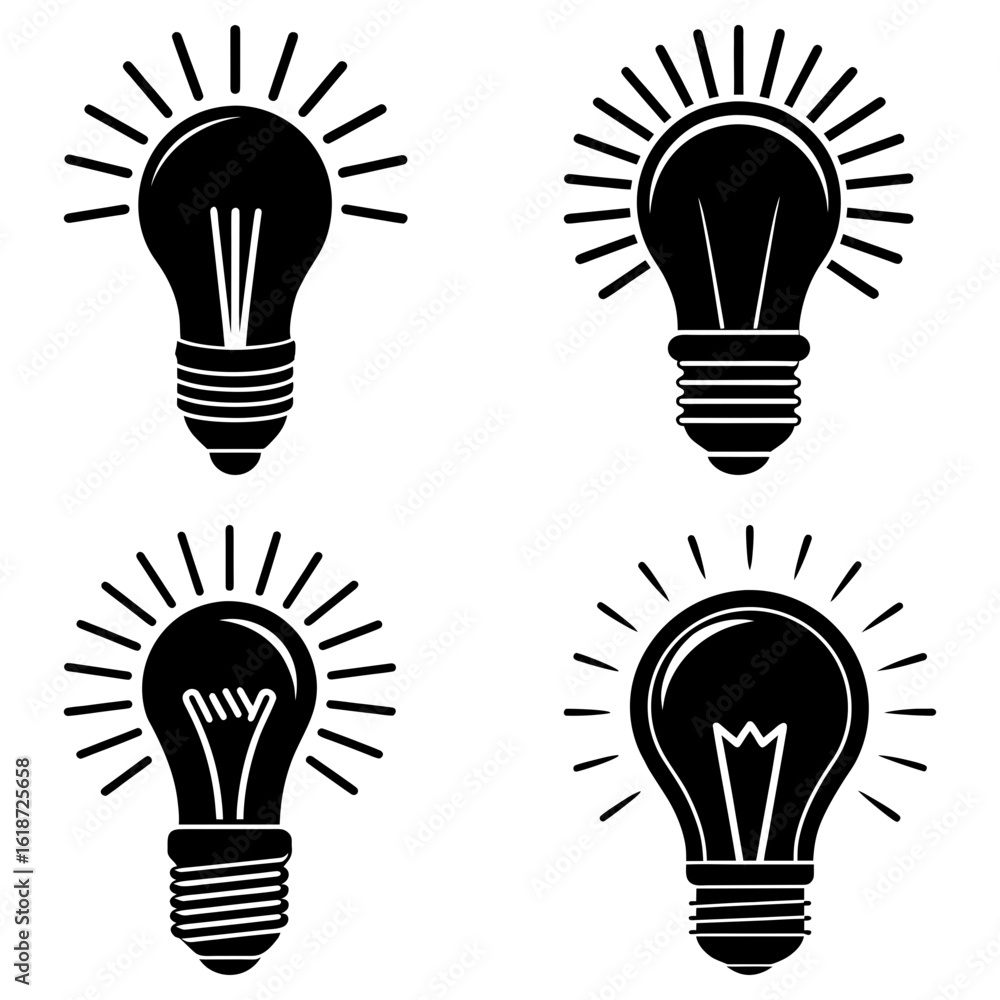 Poster a collection of four light bulb illustrations with radiating lines on a white background design vect