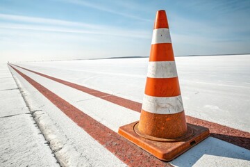 Bright Traffic Cone on White Surface with Red Line and Blue Sky