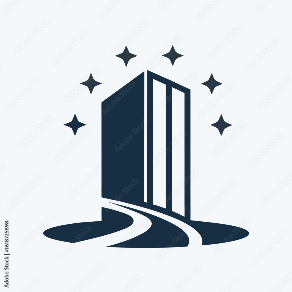 Poster dark blue abstract building with sparkling stars and curved path on white background architecture