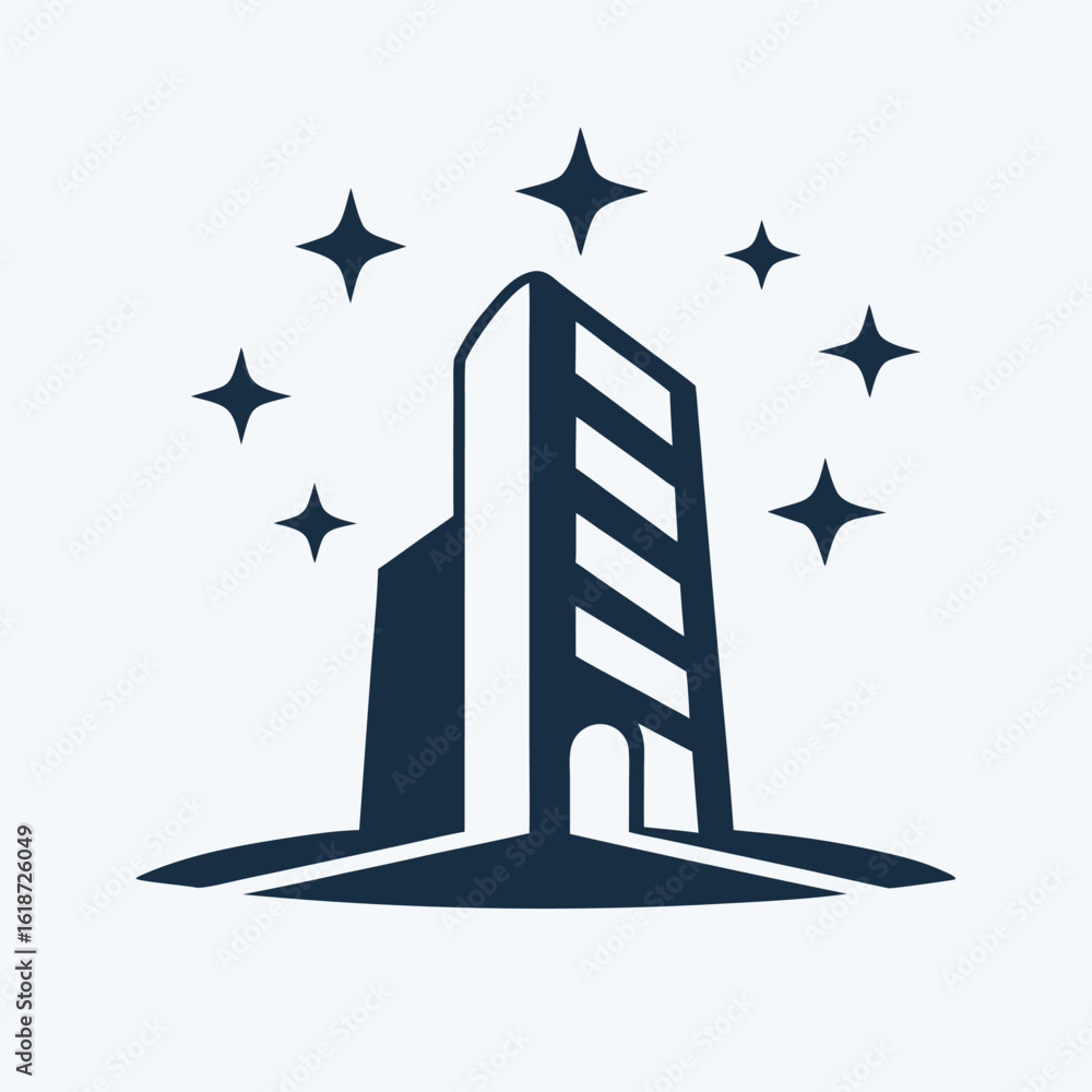 Poster dark blue abstract building with sparkling stars on a white background architecture skyscraper