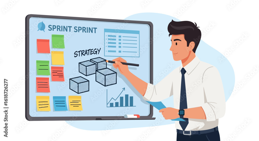 Poster man presenting agile sprint strategy on whiteboard with notes