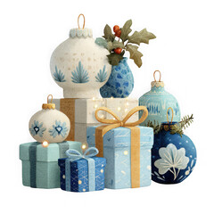 Festive christmas ornaments and gifts stacked together isolated on transparent background