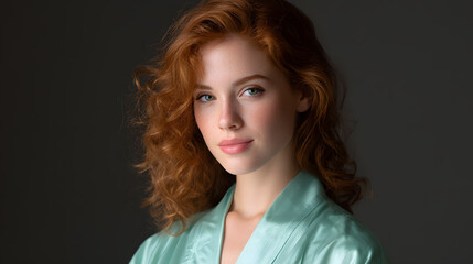 Naklejka premium Radiant Grace: A portrait captures the natural beauty of a woman with flowing red hair, her gaze evoking a sense of quiet confidence and inner serenity.