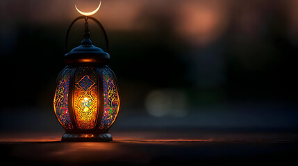 Ornate Lantern With Colorful Glass In The Night