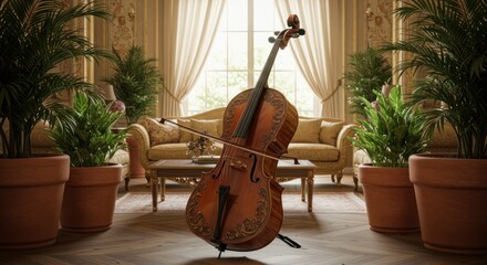 A cello stands in a bright, elegant room, with potted plants and a sofa visible in the background.