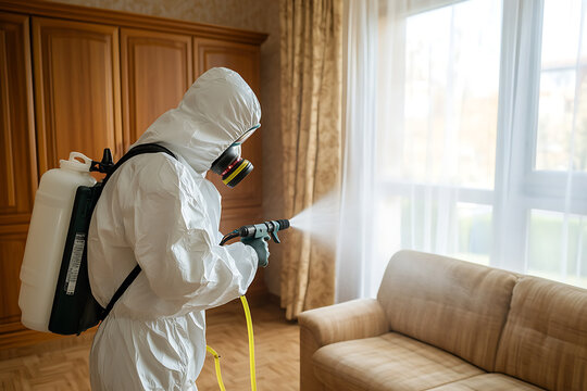 Disinfecting Service: Person in protective suit sprays disinfectant in room, ensuring cleanliness and safety. Professional sanitization for a healthy environment.